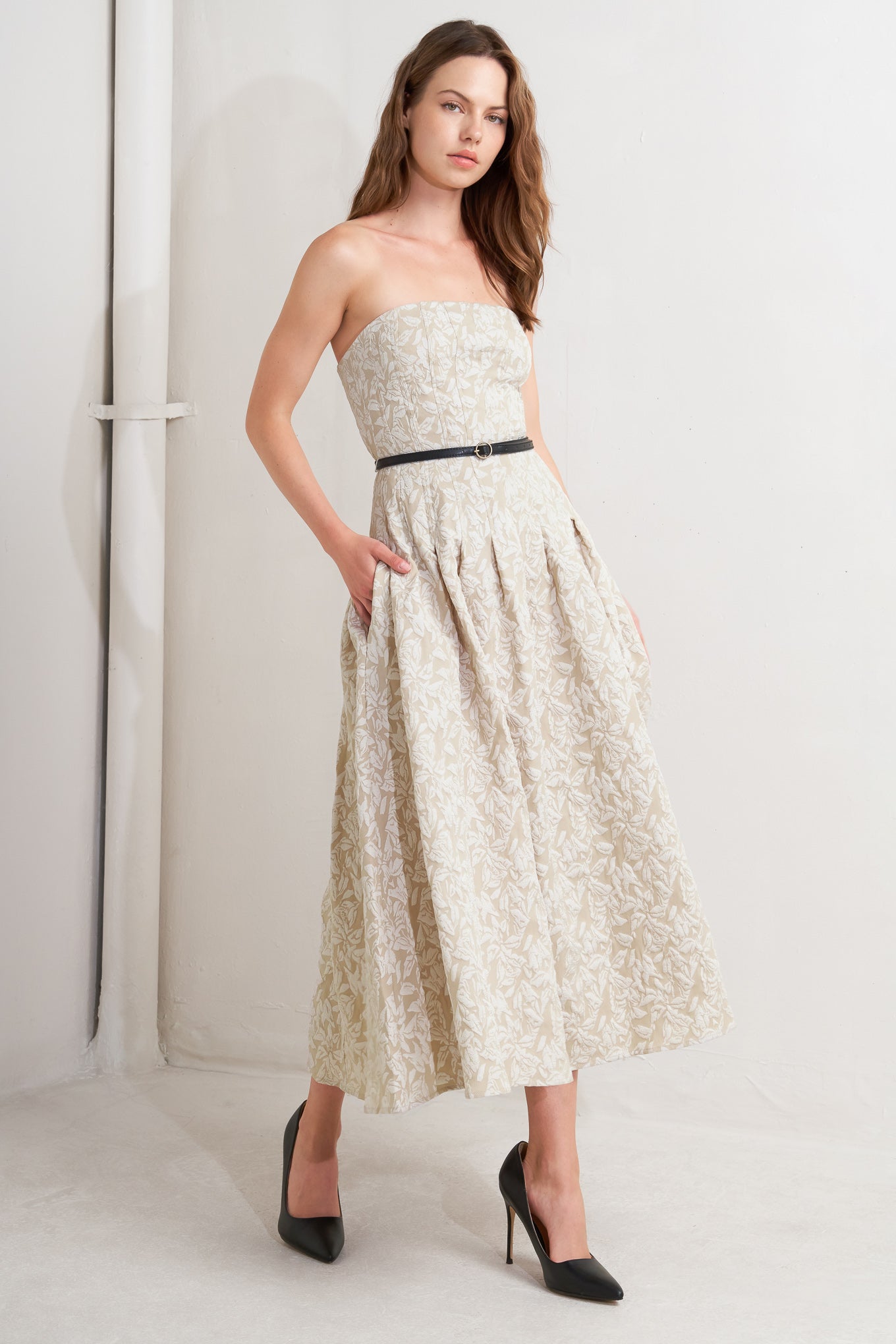 WHISPER LEAF WOVEN MIDI DRESS Flying Tomato
